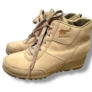 Sorel Evie Sport Lace Waterproof Ankle Boots Wedge Heel Sandy Tan 9.5